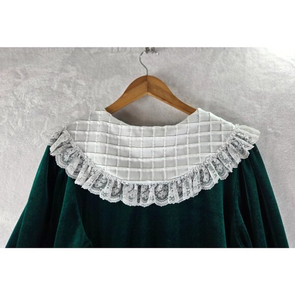 Komar Vtg 90s Housecoat Robe Nightgown M Dark Green Velvet White Collar Lace USA - Picture 11 of 16